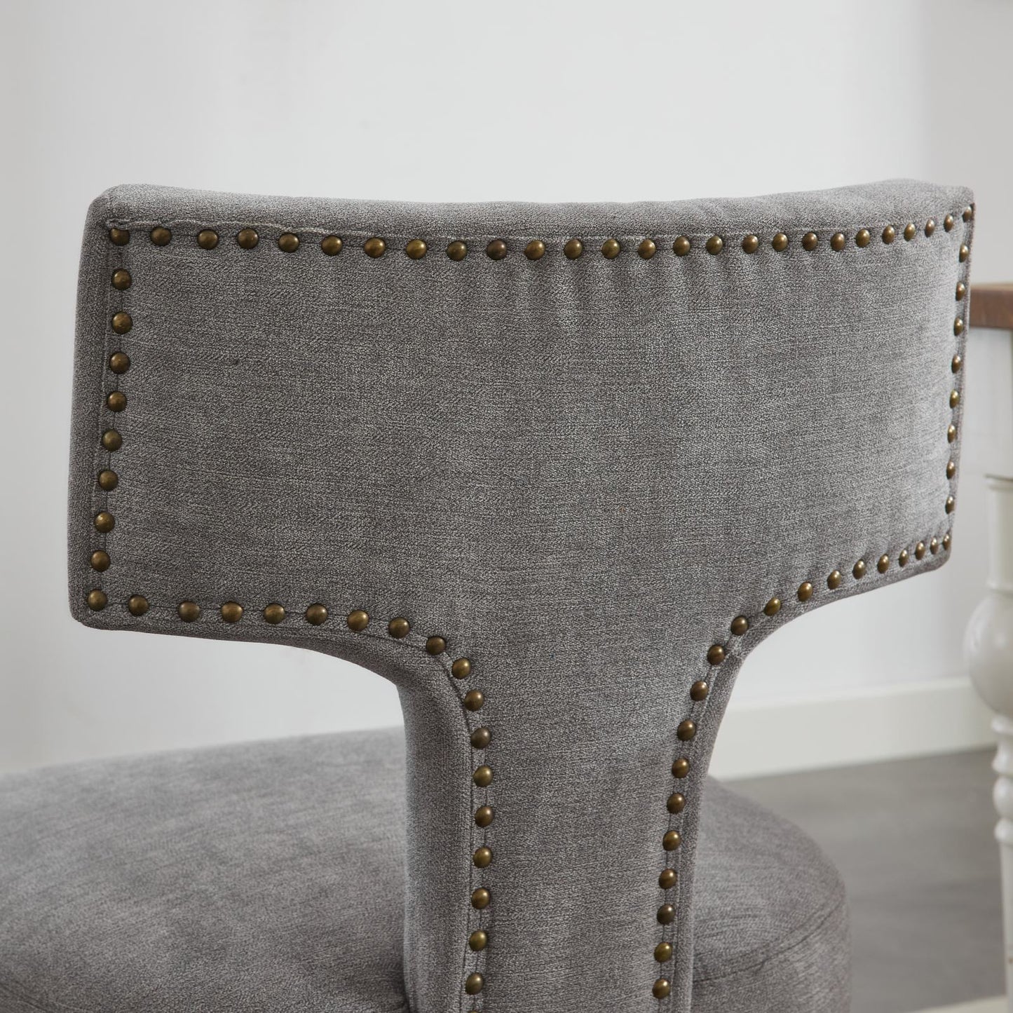 Set of 2 Mid Century Modern Dining Chairs, Linen Upholstery, Copper Nailhead Trim Solid Wood Frame Gray