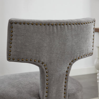 Set of 2 Mid Century Modern Dining Chairs, Linen Upholstery, Copper Nailhead Trim Solid Wood Frame Gray