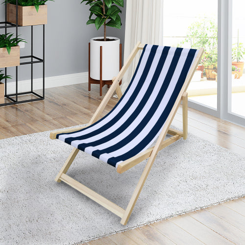 Solid Wood Sling Chair With Striped Fabric Outdoor Patio Folding Chaise Lounge 40 Inch Long 24 Inch Wide Dark Blue