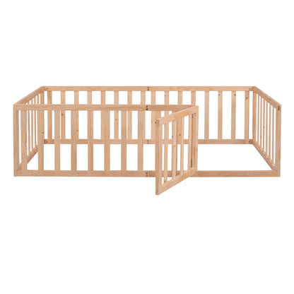 Natural Twin Size Wooden Floor Bed Frame with Playful Fence and Door