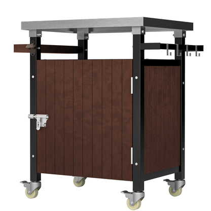 Rolling Outdoor Grill Cart with Stainless Steel Surface, Versatile Patio Kitchen Island, Mobile BBQ Serving Station with Storage, Hooks, and Spice Rack
