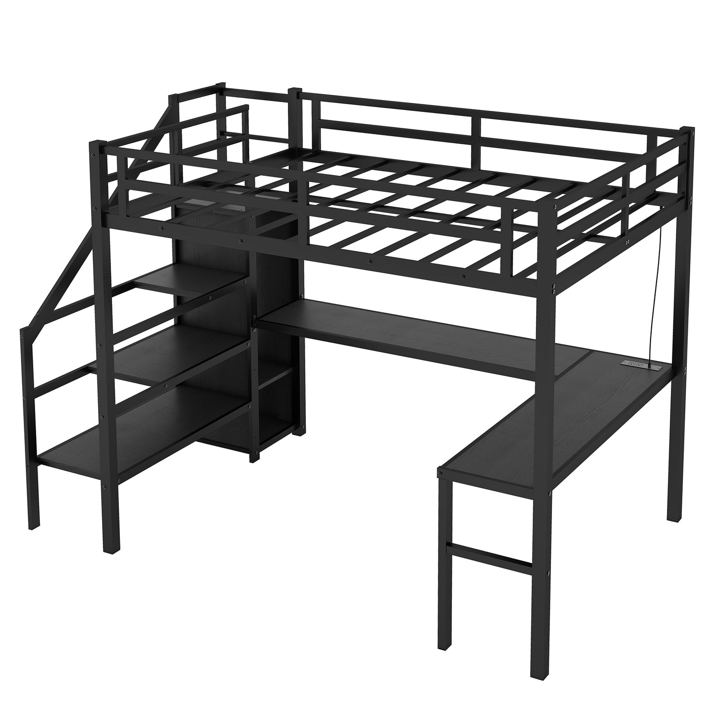 Full XL Metal Loft Bed with L-Shaped Desk, Wardrobe, USB Charging, and LED Lighting for Teens and Adults - Black
