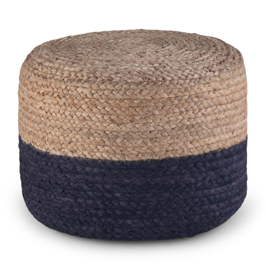 Round Pouf Footstool, 18-Inch, Handwoven Jute Bead-Filled, Living Room Accent Seating, Navy / Natural