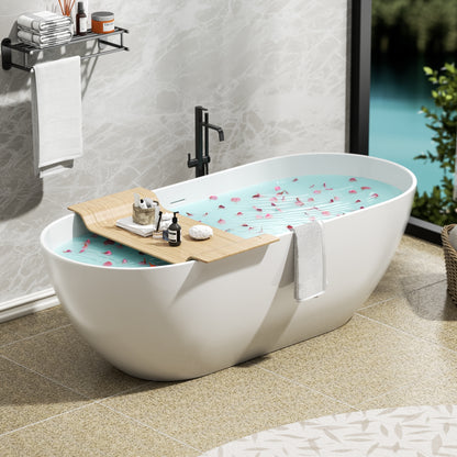 Luxury 69" Solid Surface Freestanding Soaking Bathtub - Handcrafted Matte White Stone Resin with Overflow and Pop-up Drain