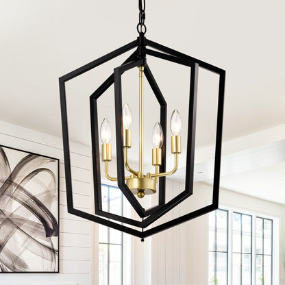 4-Light Modern Pendant Chandelier for Dining Room and Kitchen, E12 Bulbs Not Included Matte Black + Gold