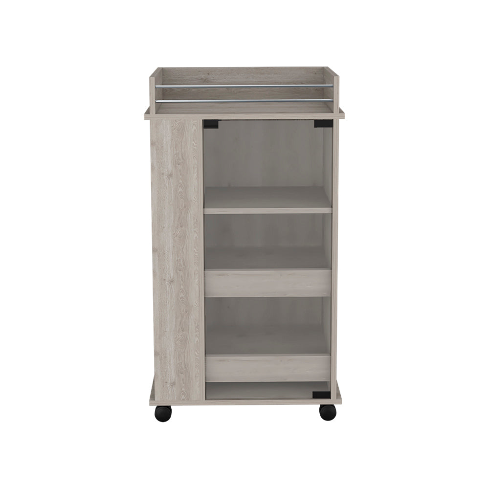 Light Gray Bar Cart With Glass Door And Dual Shelves