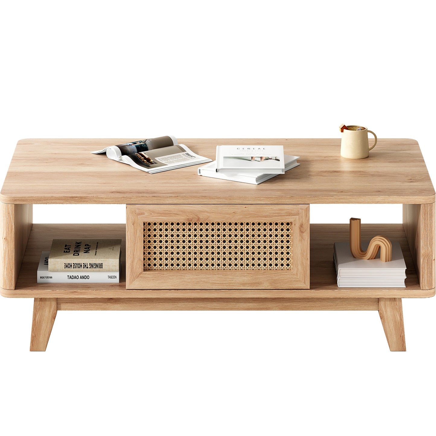 Mid-Century Modern Coffee Table with Storage Drawer and Rattan Accent, 43.7 x 23.6 x 15.7 in, Natural