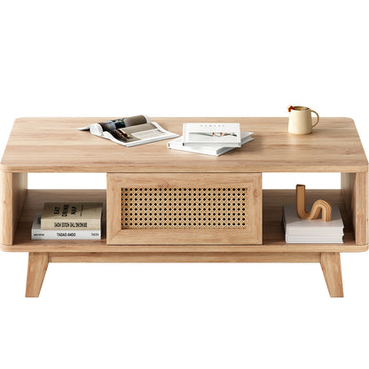 Mid-Century Modern Coffee Table with Storage Drawer and Rattan Accent, 43.7 x 23.6 x 15.7 in, Natural