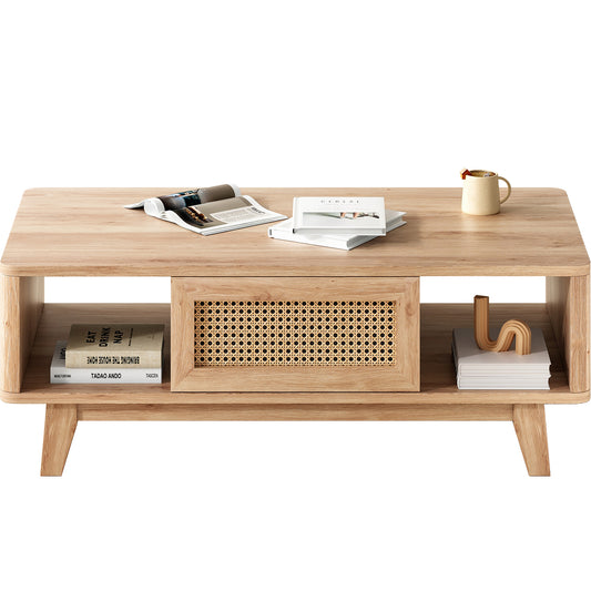 Mid-Century Modern Coffee Table with Storage Drawer and Rattan Accent, 43.7 x 23.6 x 15.7 in, Natural