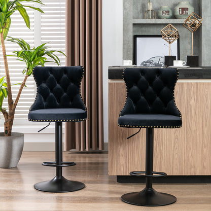 Velvet Swivel Bar Stools Set 2 Adjustable 25 33in Black