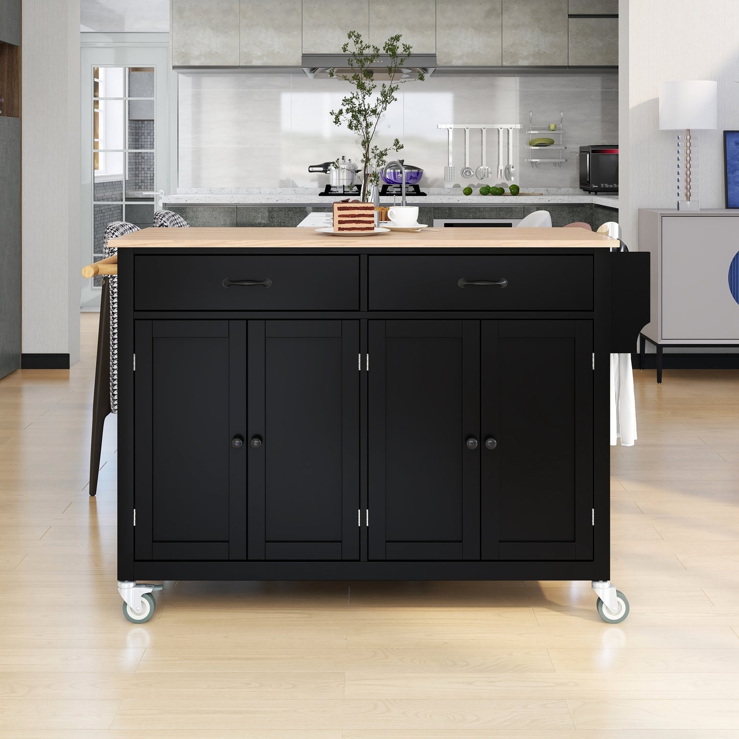 Versatile Kitchen Island Cart with Locking Wheels, Solid Wood Top, Ample Storage and Spice Rack (Black)