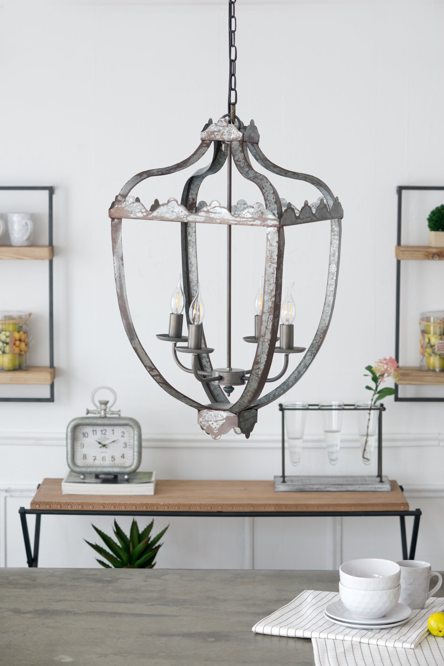 Four-Light Iron Chandelier with Adjustable Chain for Kitchen or Dining — 15.7in Square, Gray Rustic Finish