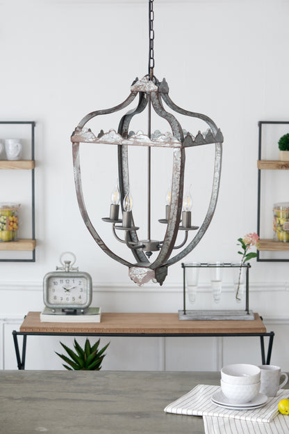 Four-Light Iron Chandelier with Adjustable Chain for Kitchen or Dining — 15.7in Square, Gray Rustic Finish