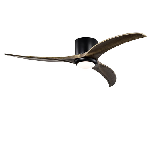 52-Inch Flush Mount Ceiling Fan with Light, Remote, 6-Speed DC Motor, Solid Wood Blades Matte Black