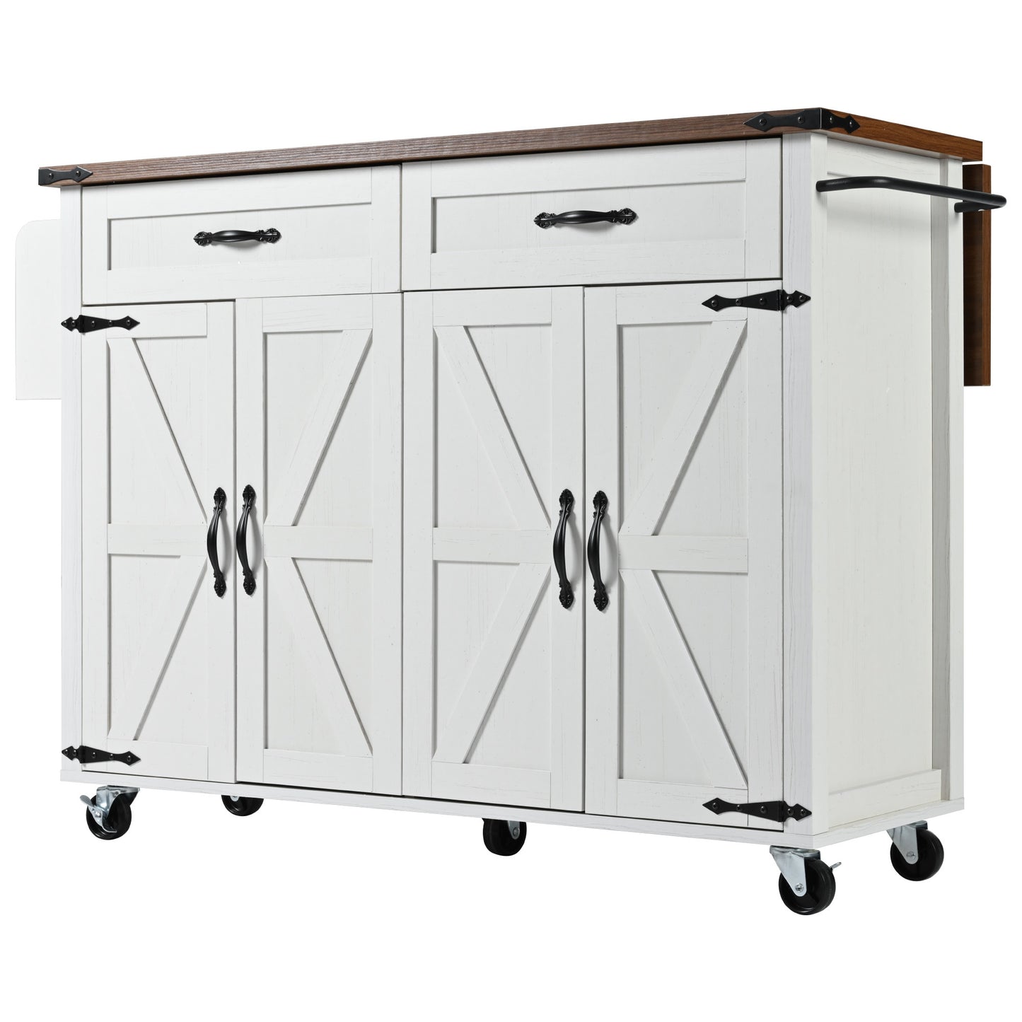 Farmhouse Rolling Kitchen Island with Power Outlet, Drop Leaf, Spice Rack, and Storage Drawers - 53.5'' White Cart for Kitchen and Dining Room