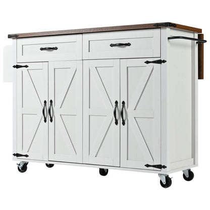 Farmhouse Rolling Kitchen Island with Power Outlet, Drop Leaf, Spice Rack, and Storage Drawers - 53.5'' White Cart for Kitchen and Dining Room