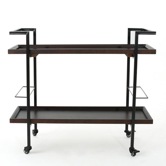 Modern Industrial Rolling Bar Cart With Wood Shelves