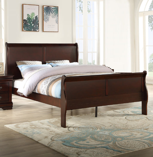 Louis Phillipe Elegant Brown Cherry Queen Sleigh Bed in Solid Wood for Luxurious Bedroom Decor