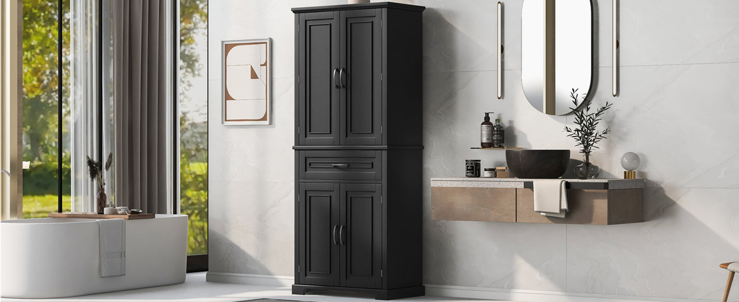 Tall Black Bathroom Storage Cabinet with Adjustable Shelf, Doors, and Drawer for Versatile Organization