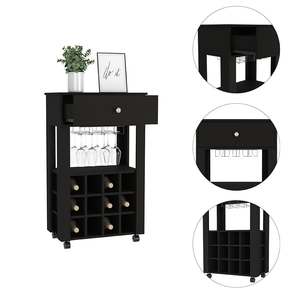Modern Black Wengue Bar Cart With Twelve Wine Cubbies