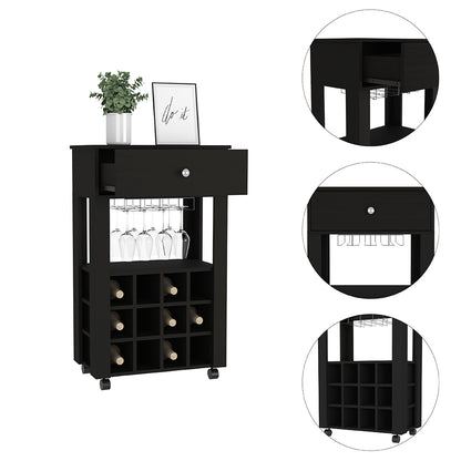 Modern Black Wengue Bar Cart With Twelve Wine Cubbies