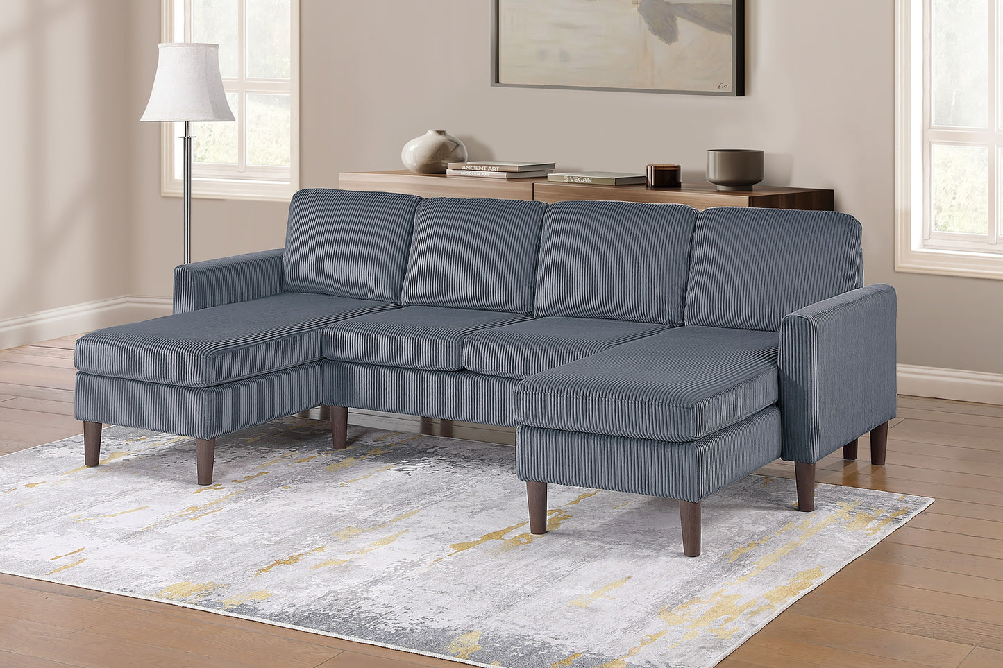 3-Piece U-Shaped Sectional Sofa with Loveseat and RAF/LAF Chaise, Corduroy, Modern Living Room, Dark Gray