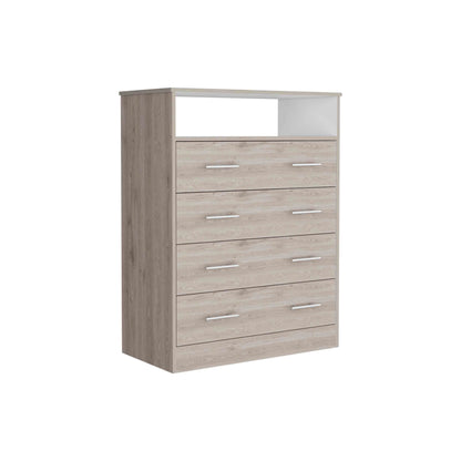 Elegant Four-Drawer Dresser with Open Shelf in Light Gray and White
