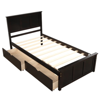 Espresso Twin Size Platform Bed with Dual Under-Bed Drawers on Wheels