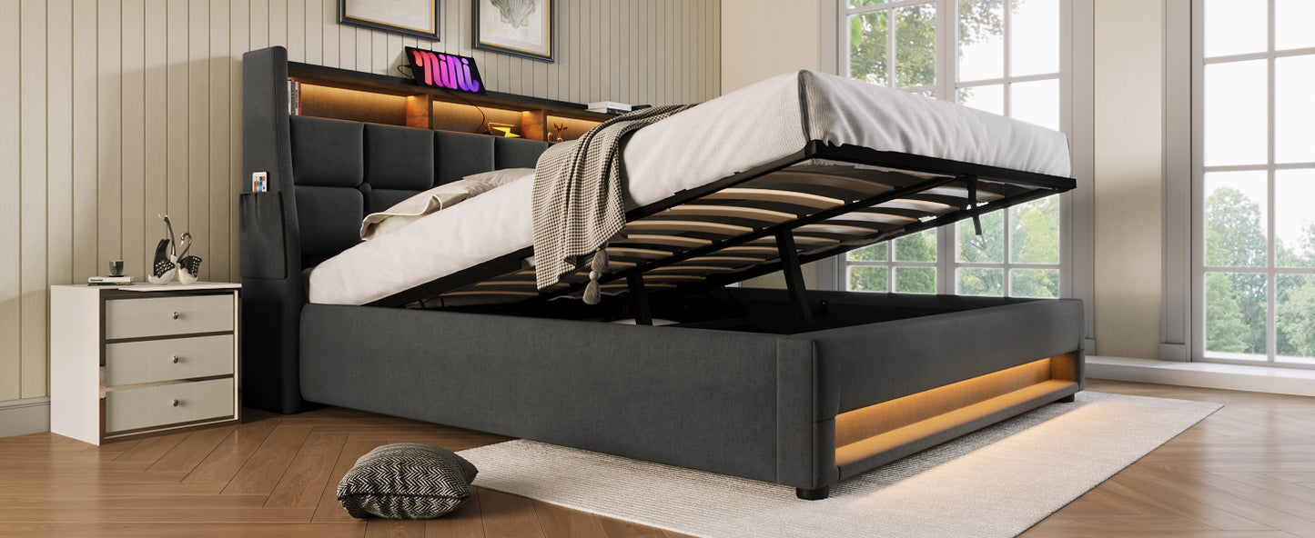 Modern Queen Size Upholstered Platform Bed with Hydraulic Storage, LED Lighting, and USB Port - Grey (Mattress Not Included)