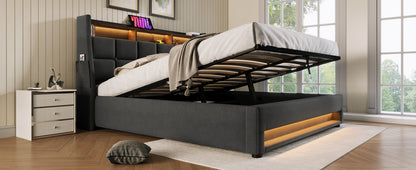 Modern Queen Size Upholstered Platform Bed with Hydraulic Storage, LED Lighting, and USB Port - Grey (Mattress Not Included)