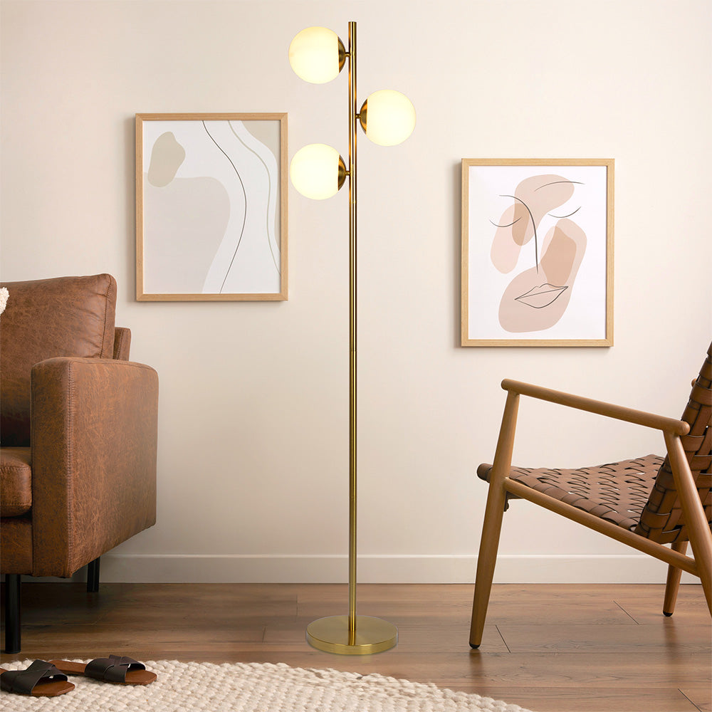 Modern Floor Lamp with Opal Glass Shades, 64-Inch Tall, Brass Round Base, Warm Ambient Lighting, Gold