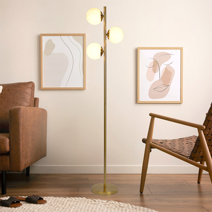 Modern Floor Lamp with Opal Glass Shades, 64-Inch Tall, Brass Round Base, Warm Ambient Lighting, Gold