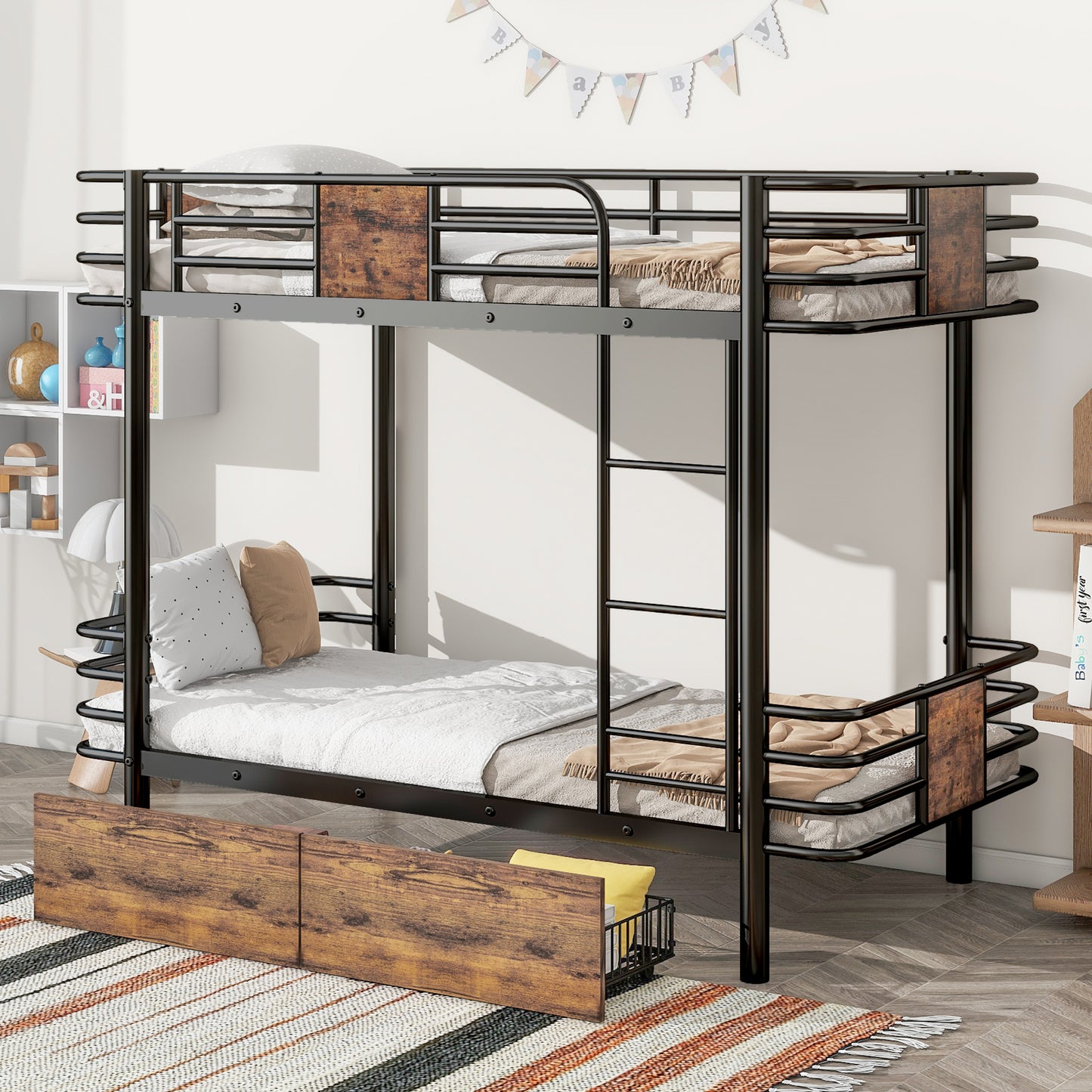 Twin XL Metal Bunk Bed with MDF Guardrails and Storage Drawers in Black