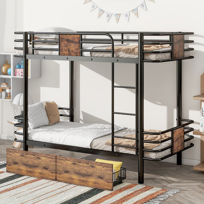 Twin XL Metal Bunk Bed with MDF Guardrails and Storage Drawers in Black