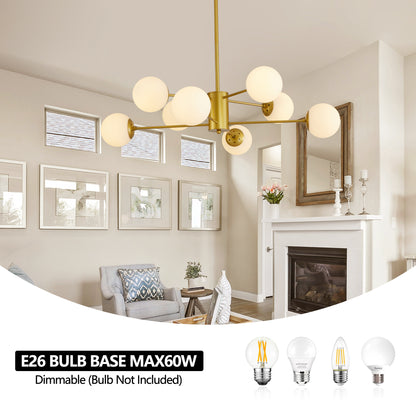 8-Light Modern Chandelier with White Glass Globes, Mid-Century Branching Iron Frame Ceiling Fixture Gold