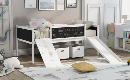 Creative Twin Loft Bed with Climbing Frame and Chalkboard - White