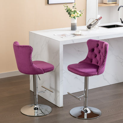 Purple Velvet Swivel Bar Stools Adjustable 25-33 Set Of 2