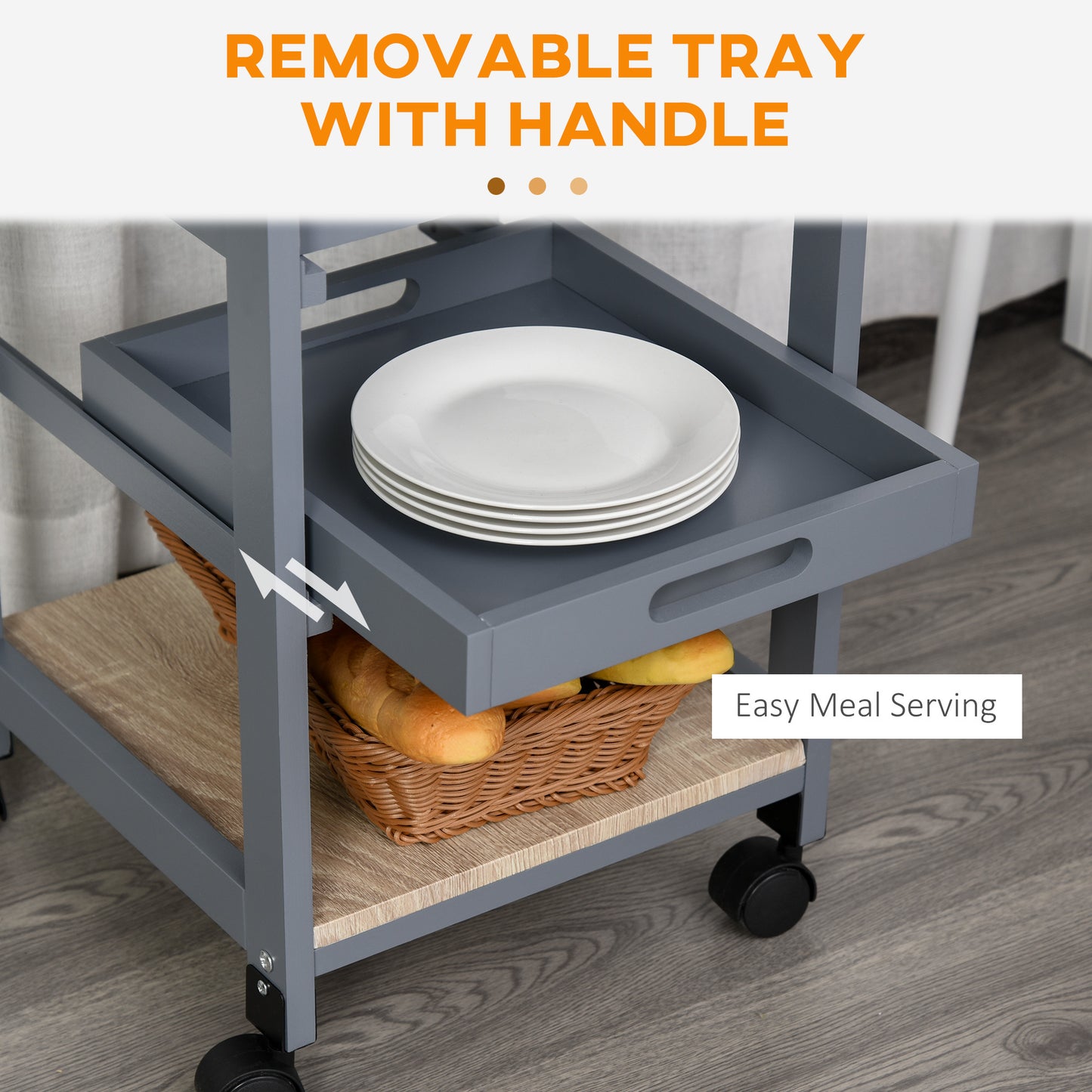 Compact Grey Kitchen Island Trolley With Slide Out Basket