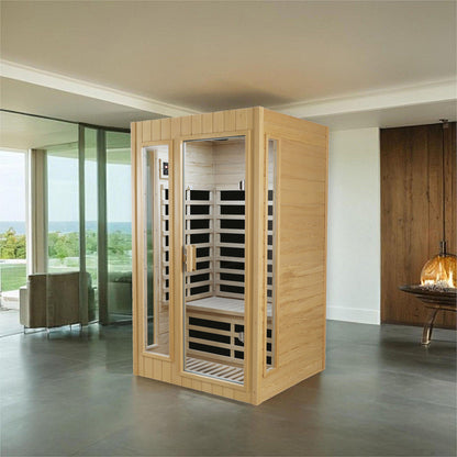 Two-Person Far Infrared Indoor Sauna Room with 1500W, 5 Heating Panels, LCD, Bluetooth Natural Wood