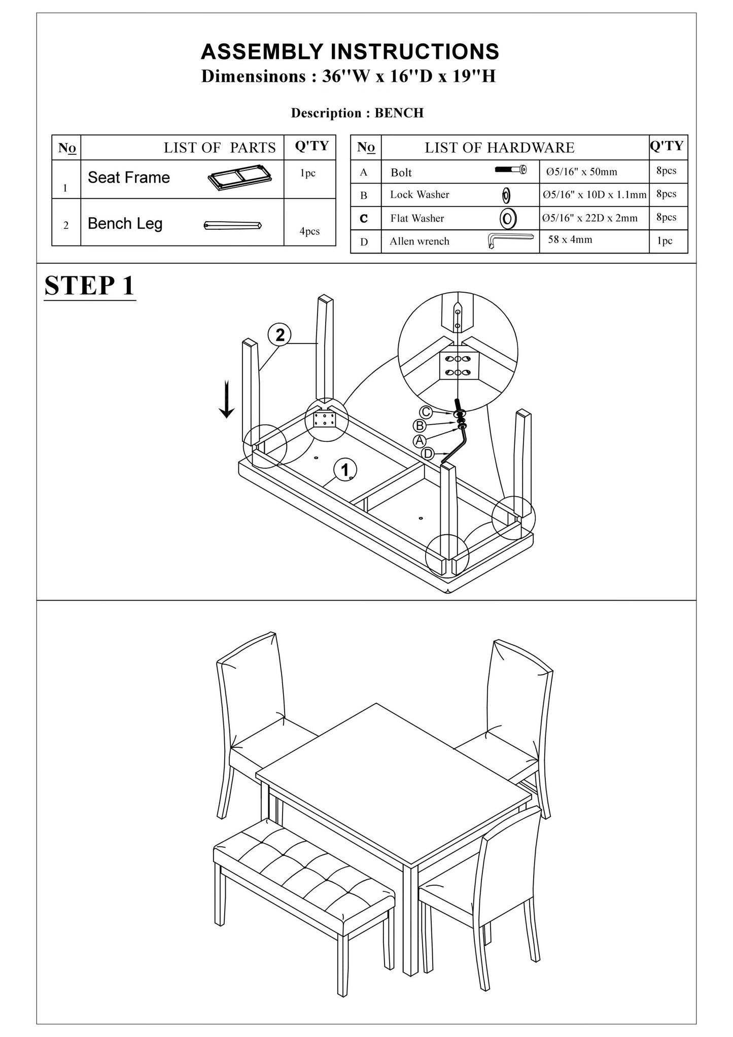 Faux Marble Top 5Pc Dining Set With Bench And Chairs White