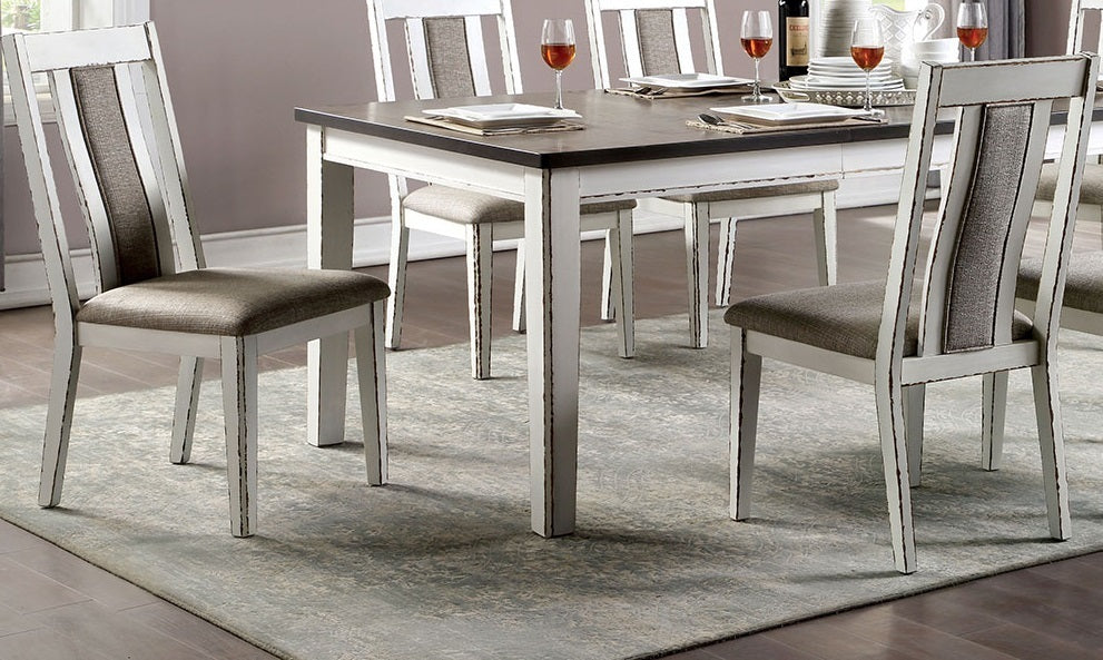 Set of 2 Rustic Dining Chairs – Solid Wood, Upholstered Seat, Contoured Back Weathered White / Warm Gray