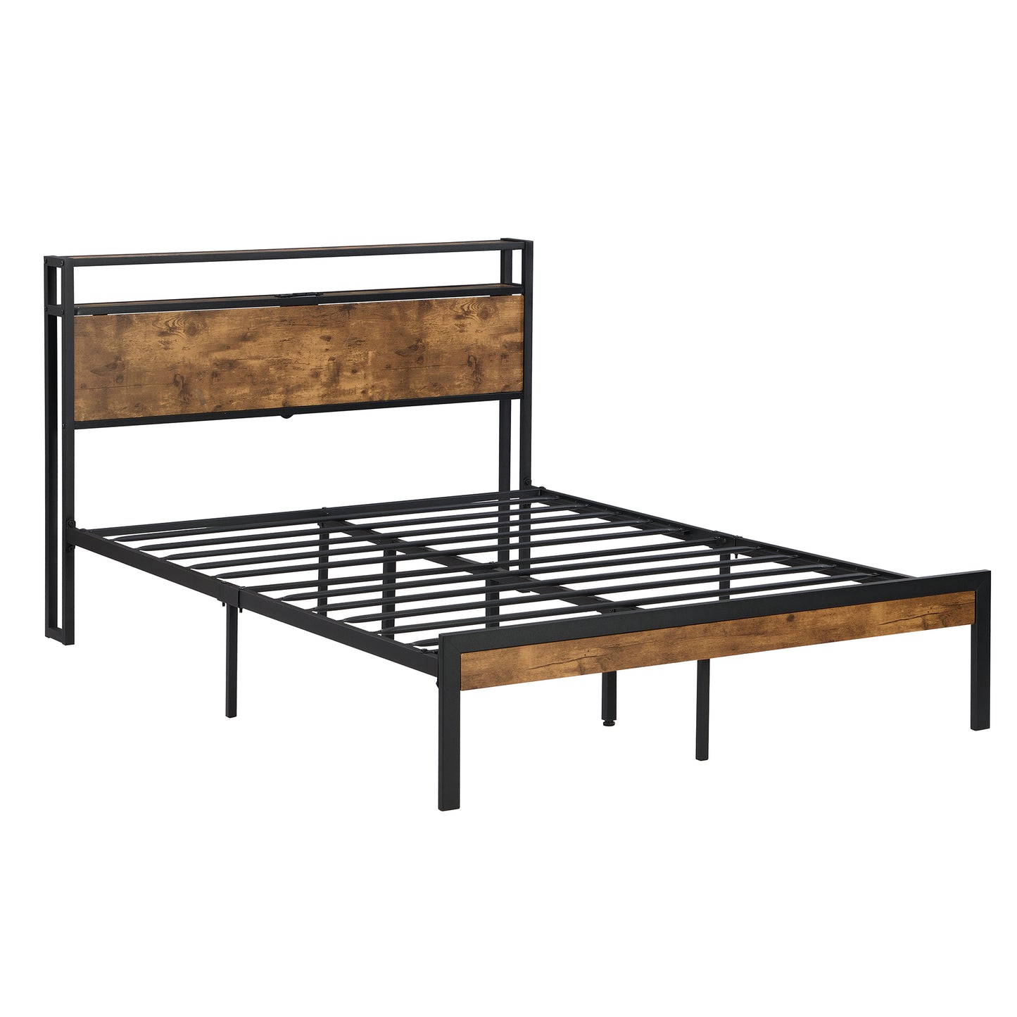 Elegant Queen Size Metal Platform Bed Frame with Wooden Accents, USB Charging, No Box Spring Needed, Spacious Under-Bed Storage, Quick Assembly