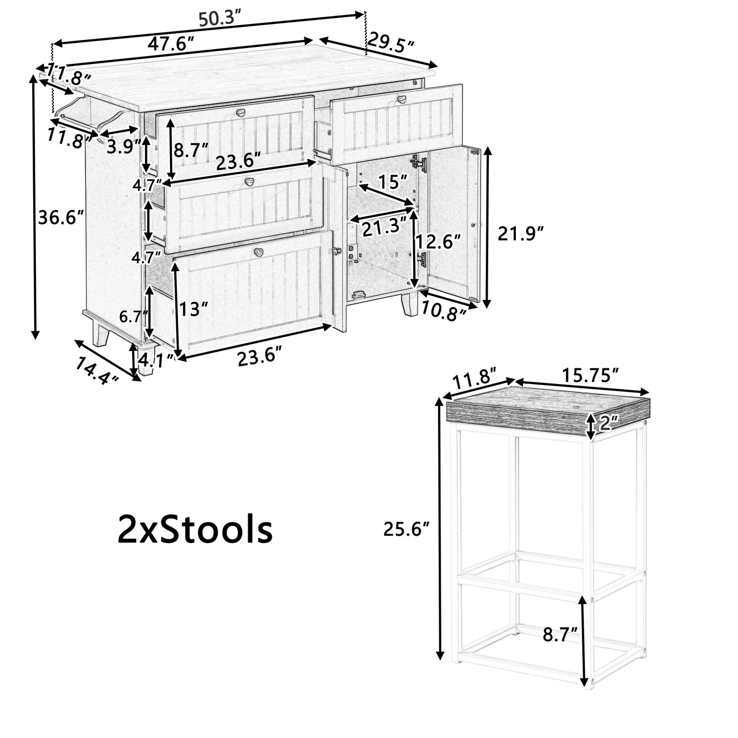 Rustic White Farmhouse Kitchen Island Set with Drop Leaf, 2 Stools, and Ample Storage