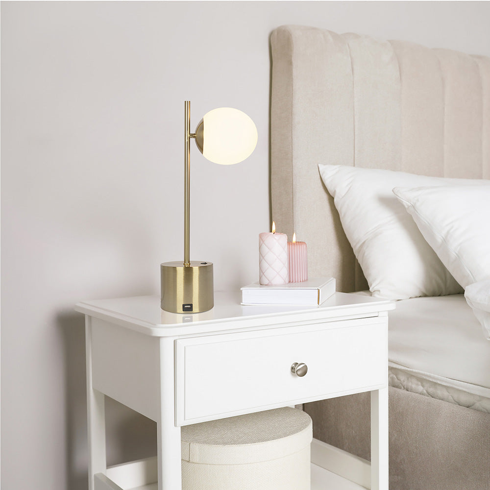 Ethereal Modern Small Brass Table Lamp with White Glass Globe Shade, 22in Tall, Brass Finish
