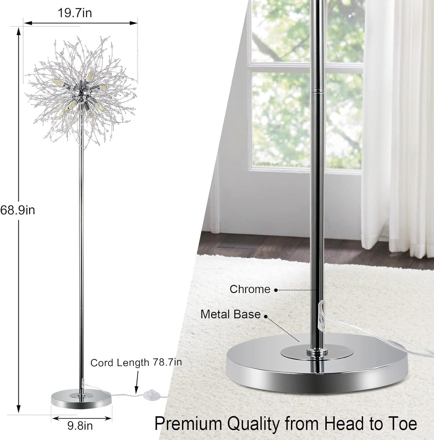Crystal Floor Lamp, 69-Inch Tall, 8-Head Sputnik, 32 Firework Crystal Ornaments Included, Chrome Finish
