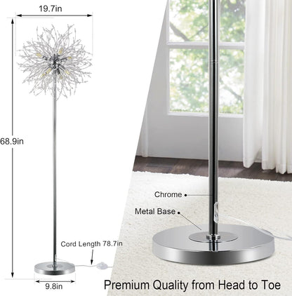 Crystal Floor Lamp, 69-Inch Tall, 8-Head Sputnik, 32 Firework Crystal Ornaments Included, Chrome Finish