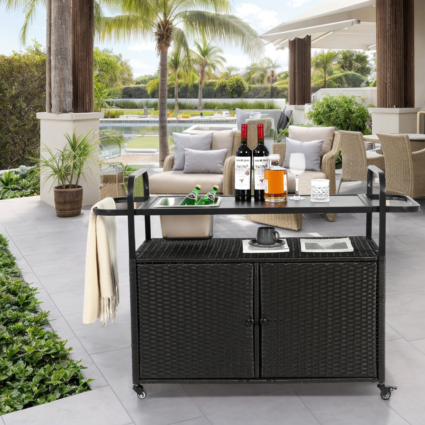 Outdoor Bar Cart With Cabinet And Wicker Finish, Steel Top Patio Serving Cart With Ice Bucket And Lockable Wheels Black