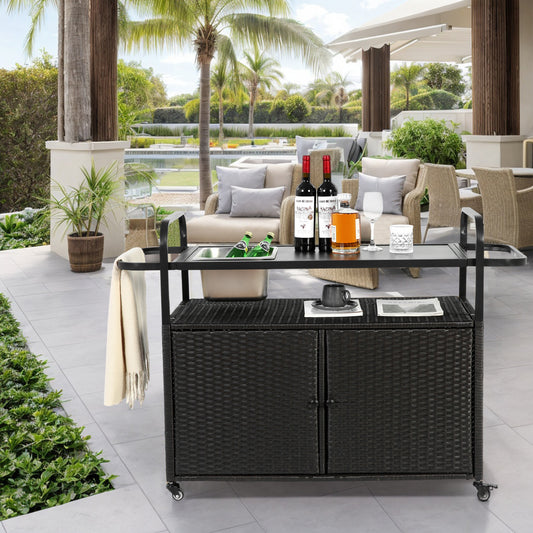 Outdoor Bar Cart With Cabinet And Wicker Finish, Steel Top Patio Serving Cart With Ice Bucket And Lockable Wheels Black