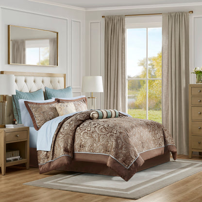 12-Piece Queen Comforter Set with 100% Cotton Sheets, Jacquard Paisley, Shams, Bed Skirt & Pillowcases Blue/Brown
