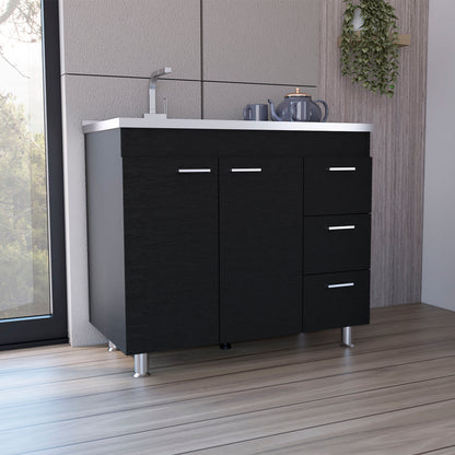 Modern Black Utility Sink with Three Drawers and Double Door Cabinet